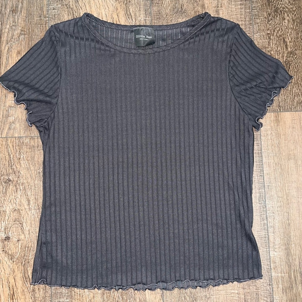 Olivia Rae Dark Grey Ruffle Edge Crop Top